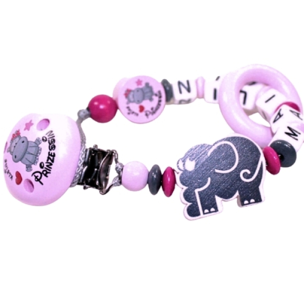 Personalisierte Schnullerkette in Rosa mit Elefant- und Nilpferd-Motiven. Enthält Holzperlen, Namenswürfel und einen Clip mit "Prinzessin"-Aufdruck. Sicher und dekorativ für Babys.